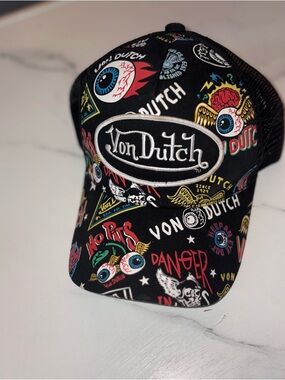 Von Dutch Black Trucker Hat with Multicolor Graphic Print